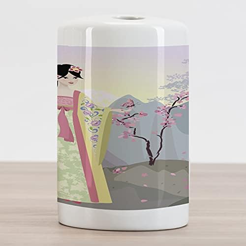 Lunarable Japán Kerámia Fogkefe Tartó, Rajzfilm Grafikus Lány a Hagyományos Ruhákat, cseresznyevirág Fa, Dekoratív Sokoldalú