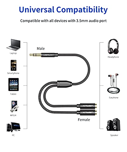 JSAUX Fejhallgató Splitter, Audio Splitter 3,5 mm-es Férfi AVR 2 Dual 3,5 mm-es Női Adapter Nylon-Fonott Y Sztereó Aux Kábel Elosztó
