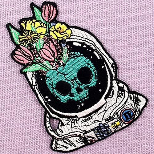 Űrhajós Koponya Űrhajós Virágokkal Javítás Hímzett Applied Vasalót Varrni Jelkép