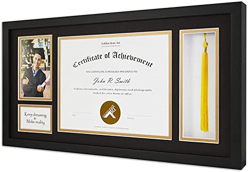 A Golden State Art, 11x22 Fekete Diploma Keret Tassel tartó 8.5x11 Oklevél, valamint 4x6 Fénykép Tömör Fa, illetve Edzett Üveg, Fekete, Arany