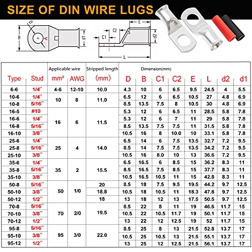 ELECFUN Akkumulátor-kábel Saru 1/0AWG 1/2 Stud(M12), 10 nagy teljesítményű Akkumulátor-Kábel Vége, Réz Fűzőlyukak Terminál