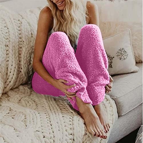 NaRHbrg Női Fuzzy Társalgó Nadrág Alkalmi Pizsama Tiszta Színű Gyapjú Hosszú Nadrág Kényelmes, Puha Loungewear Alja Hálóruházat