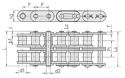 Ametric 24B-2 ISO, 3.3 méter Doboz, Dupla Görgős Lánc, 2122X3.3M Ametric Része Nem. 38.1 mm Pitch(P), 25.4 mm (b1), 25.4 mm (d1),