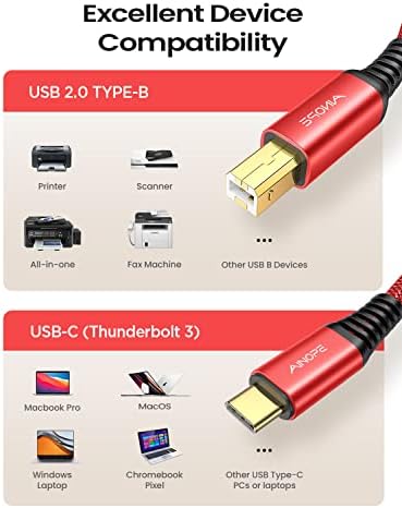 AINOPE 6.6 FT USB-C Nyomtató Kábel 2.0 Nagy Sebességű