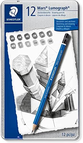 STAEDTLER Mars Lumograph Art-Rajzolás Ceruzával, 12 Pack Grafit Ceruza Fém dobozban, Break-Vízálló Ragasztott Ólom, 100 G12,Ezüst/Kék