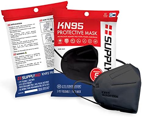 SupplyAID RRS-KN95-5PK KN95 Maszk Elleni Védelem PM2.5 Por, Pollen, Haze-Bizonyítja, 5 Csomag, Fekete