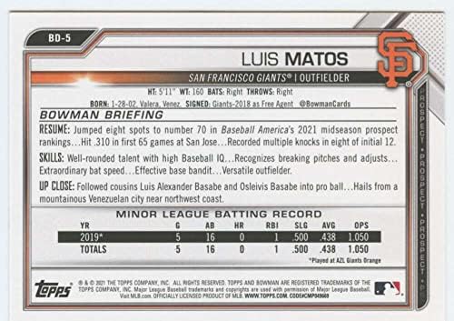 2021 Bowman Tervezet BD-5 Luis Matos RC Újonc San Francisco Giants MLB Baseball Trading Card