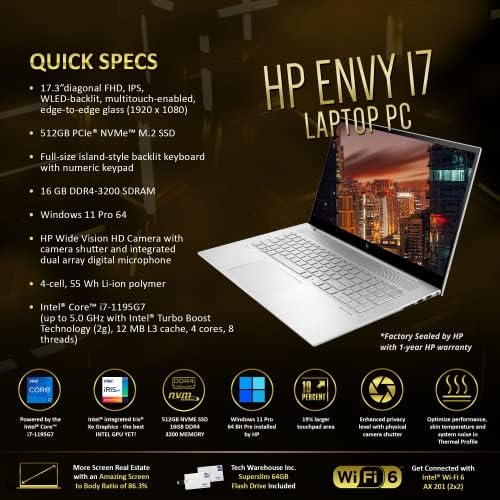 HP Envy 17T Laptop, i7-1195G7 11 gen, 16GB RAM, 512 GB NVMe SSD, 17.3 FHD Kapcsolatot, Thunderbolt 4, Nyerni 11 PRO, WiFi 6,