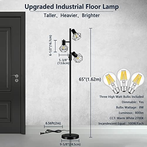 Ipari Padló Lámpa Szabályozható, Parasztház Áll, Fa Padló Világos, Fényes 3x 800LM LED Izzók, 3-Fény Állítható Magas állólámpa