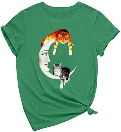 Vicces Régi Ingek Női Aranyos Macska Ül A Hold Grafikus Tshirt Laza Fit Nyári Rövid Ujjú Kerek Nyakú Felsők