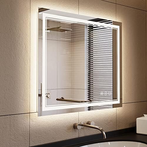 AWANDEE 36x30 LED Fürdőszoba Tükör Előtt, majd Háttérvilágítású, Szabályozható Tükör, 3 Színes Fények, Intelligens Világítási Hiúság Tükör