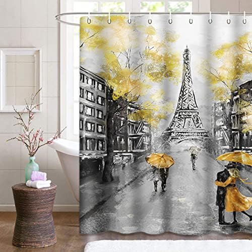 Emvency zuhanyfüggöny olajfestmény Párizs Európai Város Táj Franciaország Eiffel-Torony, Fekete, Fehér, Sárga, Modern, Pár Alatt Vízálló Poliészter