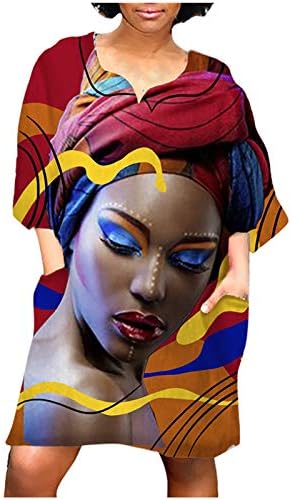Nyári Ruhák Női divatos Divat Afrikai Vintage Print Női nyári Ruha Strand Középső Ujja V-Nyak Alkalmi Mini Ruha