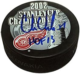 CHRIS CHELIOS Aláírt Detroit Red Wings Stanley-Kupa Bajnokok 2002 Puck - HOF 13 - Dedikált NHL Korong