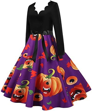 A nők Klasszikus Swing Ruhát Halloween Koponya Nyomtatás 1950-es évek Rockabilly, Koktél Ruha Hosszú Ujjú, V-Nyakú, Vékony Party Ruha