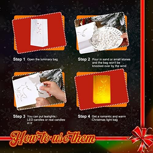 50 Meghatározott Karácsonyi Égitest Táskák 55 Meghatározott Flameless Tea Fények lángálló Fehér Papír Égitest Táskák Gyertya Táskák Lámpás