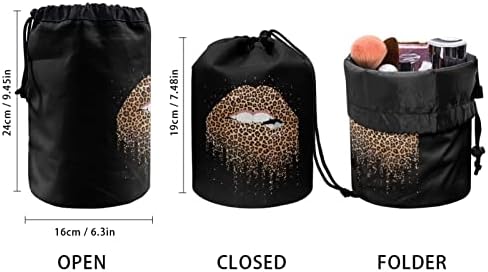 Poceacles Fekete Ajak Leopárd Design Húzózsinórral Kozmetikai Női Táskák, Hordozható, Összecsukható Úti Smink Táska Tisztálkodási