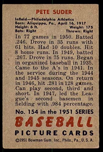 1951 Bowman 154 Pete Suder Philadelphia Atlétika (Baseball Kártya) Dean Kártyák 5 - EX Atlétika