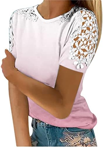 Tini Lány Gradiens Karcsúsító Tunika Blúz Legénység Nyak Maximum Tshirts Rövid Ujjú Csipke Virágos Váll Villásreggeli Blúzok