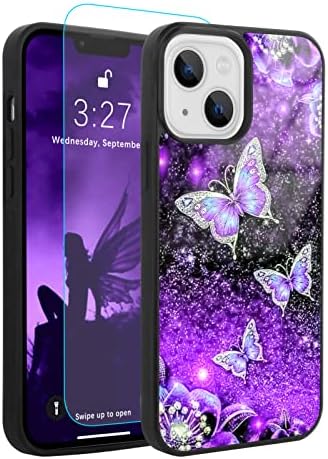 OOK Minták iPhone 13 Esetben Glitter Lila Pillangó-Köd Tér Tervezés, Kemény PC+Puha TPU Lökhárító Anti-Slip Ultra Vékony Védő Fedelet
