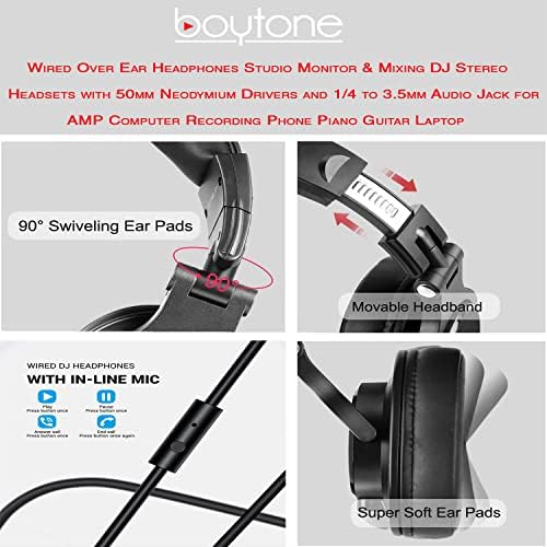 Boytone BT-10BR Vezetékes fülhallgatók Stúdió Monitor & DJ Keverő Sztereó Headset, 50mm Vezetők, valamint 1/4 3,5 mm-es Audio Jack Audio Mixer,
